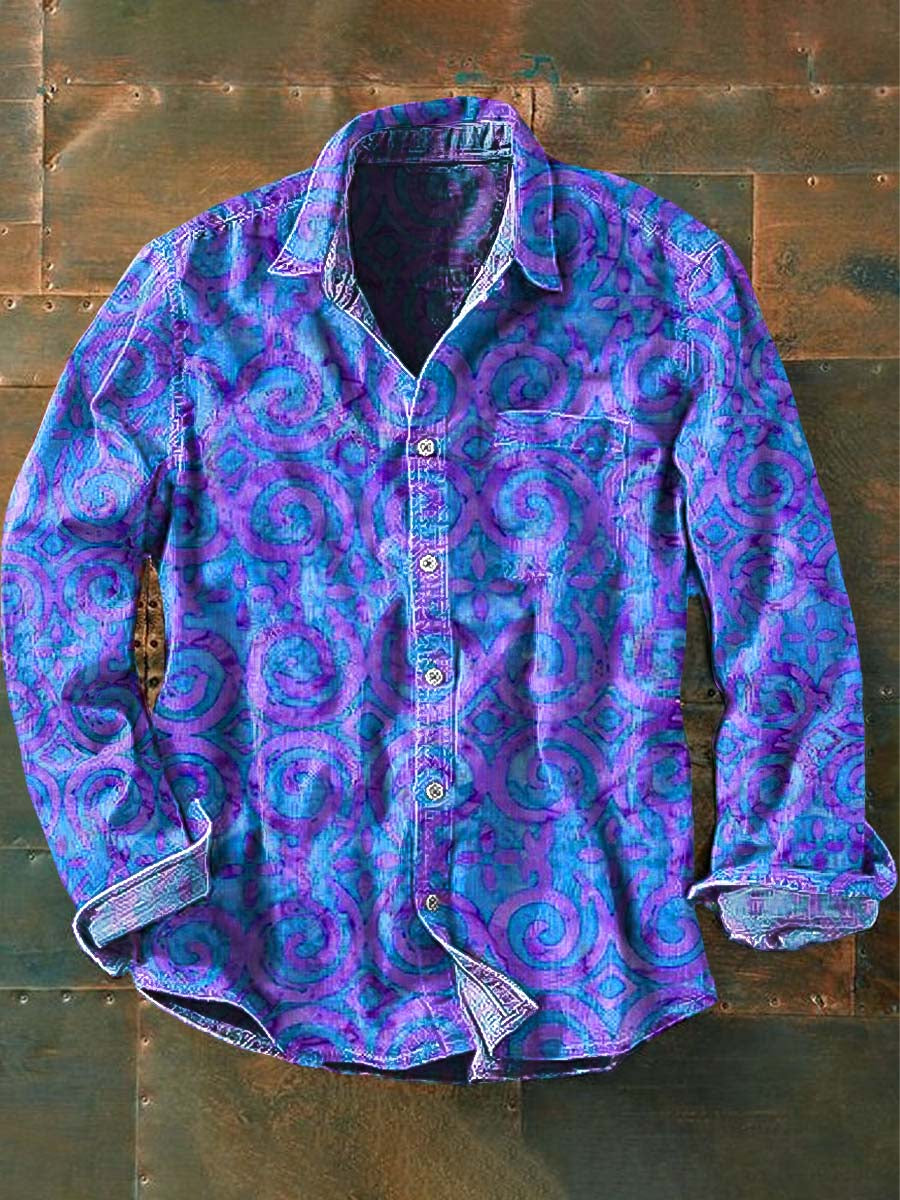 Camisa de manga larga casual con estampado occidental vintage para hombre