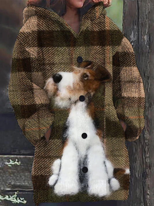 Retro Wire Fox Terrier Perro Amante Imprimir Botón Grueso de manga larga con capucha Cardigan Suéter de punto