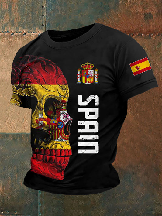 Camiseta casual con estampado de cráneo de bandera española para hombre