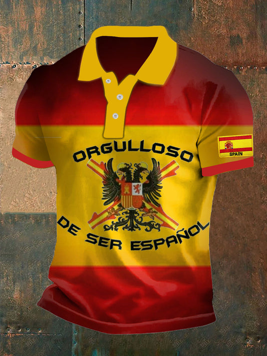 Polo de manga corta de algodón casual impreso abstracto patriótico de la bandera española de la vendimia de los hombres