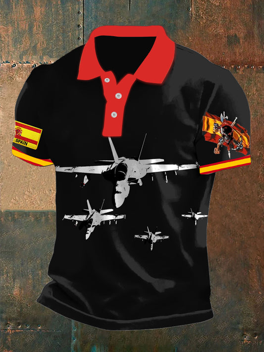 Vintage de los hombres de la bandera española Fighter Jet resumen impreso casual algodón manga corta Polo camisa