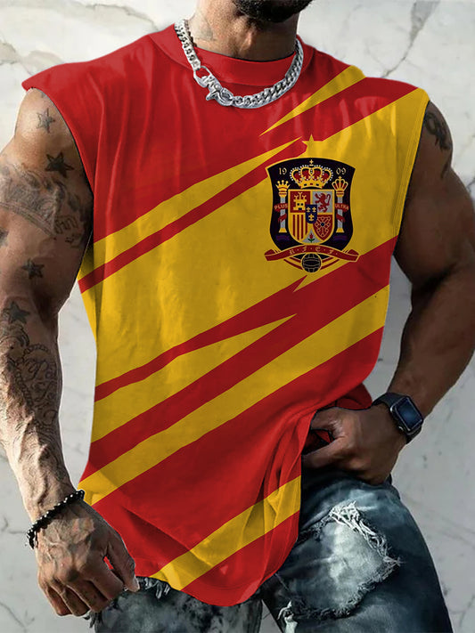 Hombres Vintage Español Patriótico Emblema Imprimir Cómodo Casual Algodón Tank Top