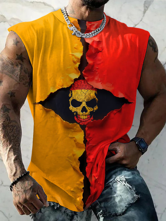Hombres Vintage Español Patriótico Crack Cráneo Imprimir Cómodo Casual Algodón Tank Top