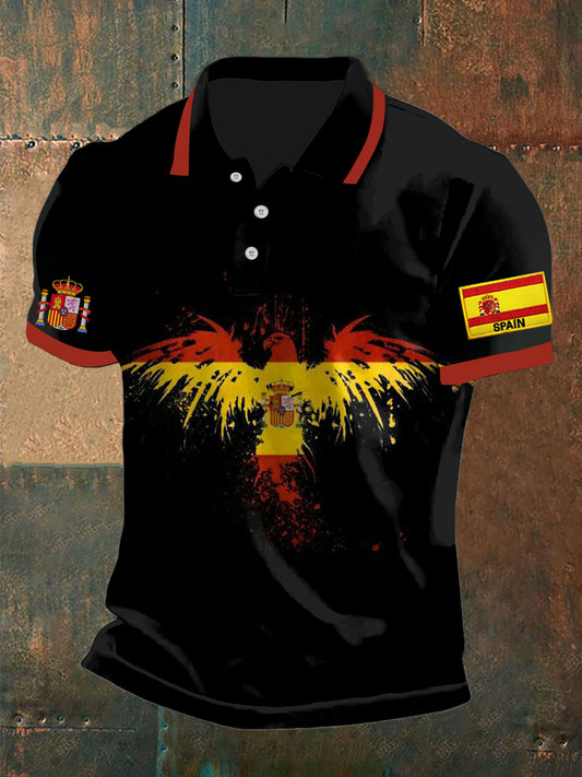 Hombres Vintage español patriótico bandera águila resumen impreso casual algodón manga corta Polo camisa