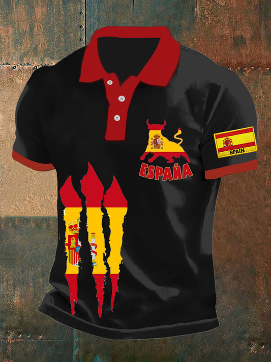 Hombres Vintage bandera patriótica española vaca resumen impreso casual algodón manga corta Polo