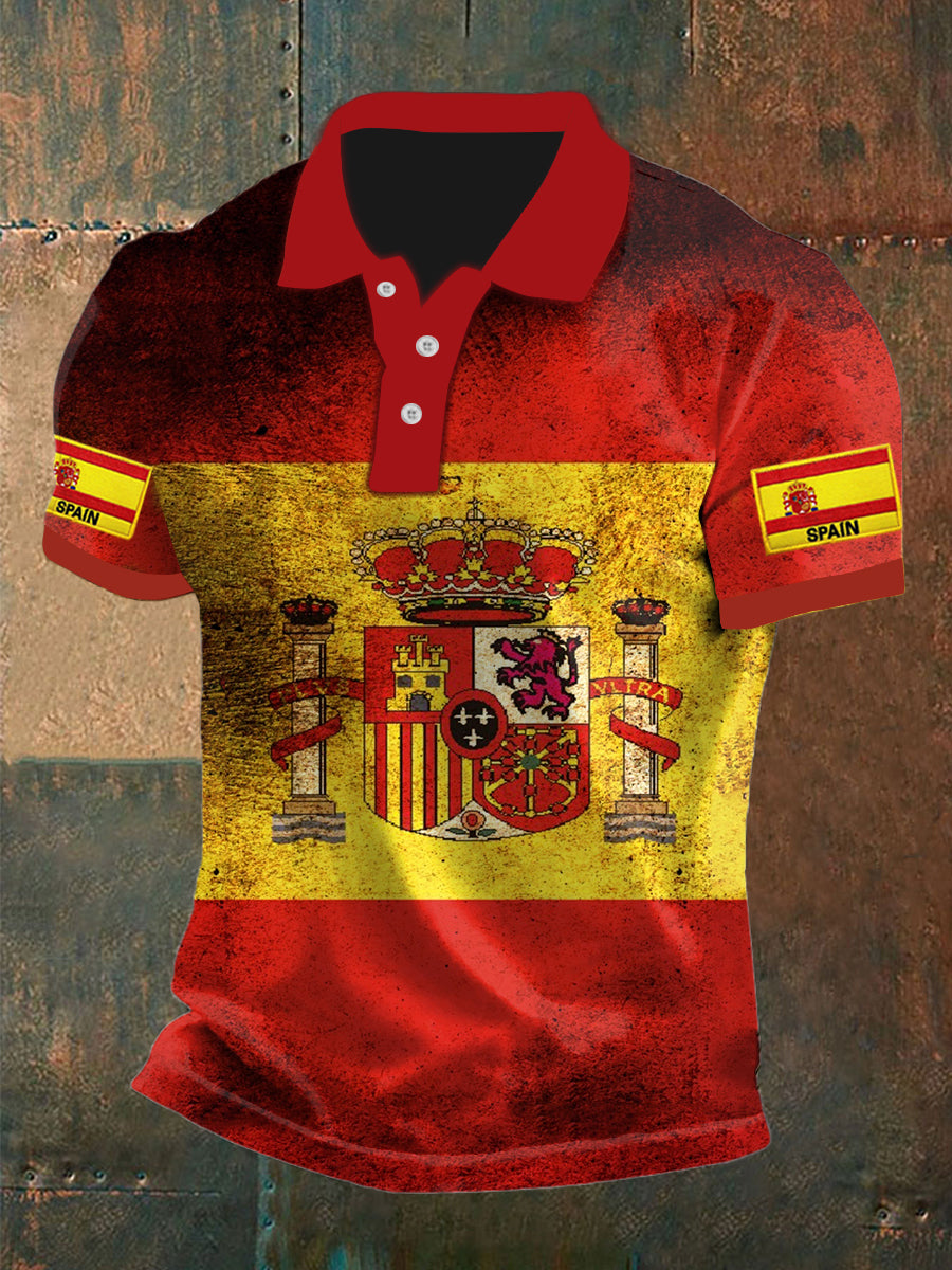 Polo de manga corta de algodón casual impreso abstracto de la bandera patriótica española de la vendimia de los hombres