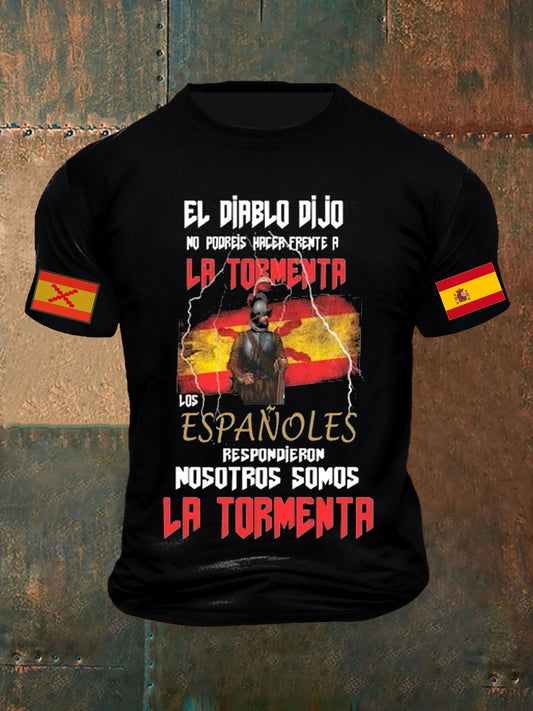 Camiseta de manga corta de algodón casual con estampado abstracto veterano de eslogan patriótico de bandera española vintage para hombre