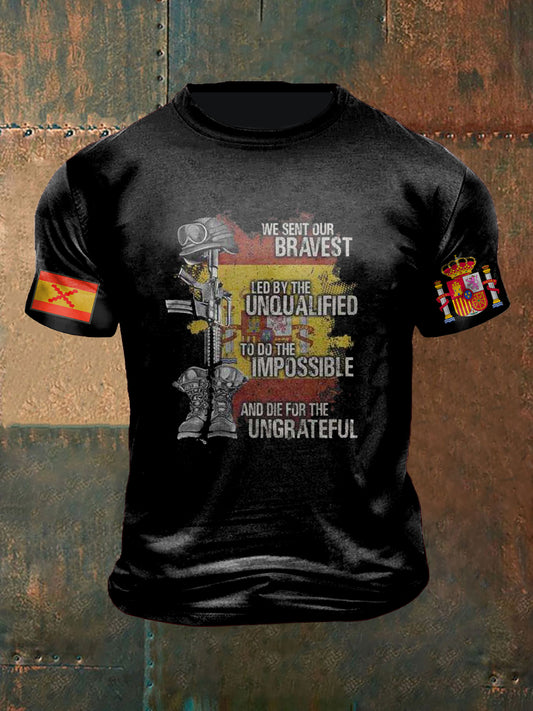 Camiseta de manga corta de algodón casual con estampado abstracto veterano de eslogan patriótico de bandera española vintage para hombre