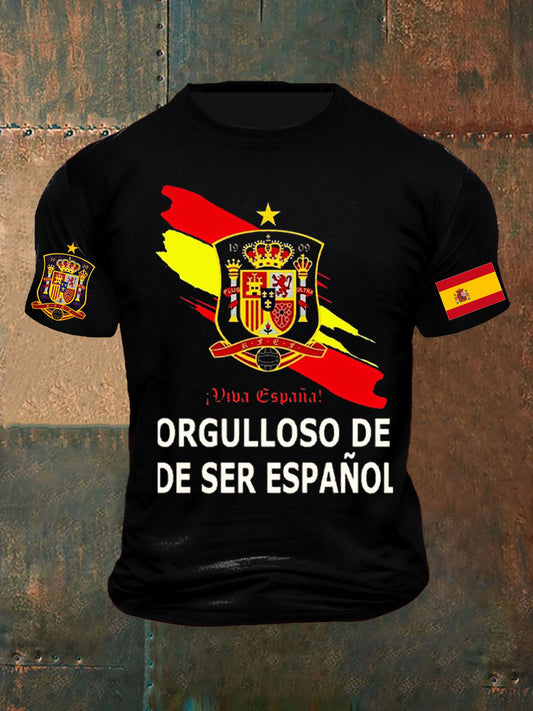 Camiseta de manga corta de algodón casual de impresión abstracta de insignia patriótica de la bandera española de la vendimia de los hombres