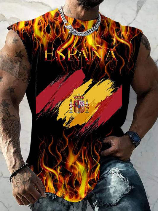Los hombres de la vendimia bandera española del bloque del color de la llama de impresión cómodo algodón Casual Tank Top