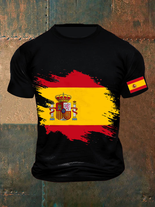 Camiseta de manga corta de algodón casual de impresión abstracta patriótica de la bandera española de la vendimia de los hombres