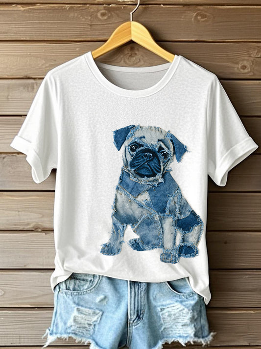 Camiseta de manga corta de arte de patchwork de perro lindo para mujer
