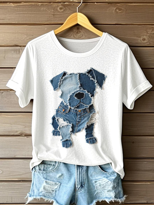 Camiseta del arte del remiendo del dril de algodón del patrón del perro de las mujeres