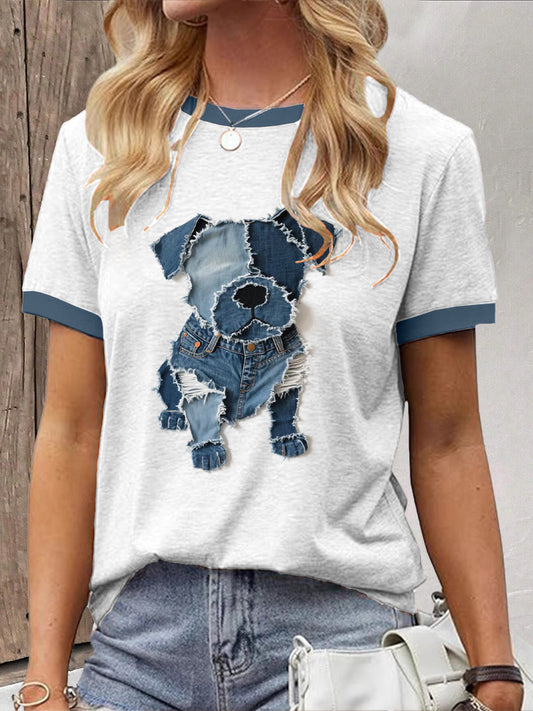 Camiseta linda del arte del remiendo del dril de algodón del perro de las mujeres