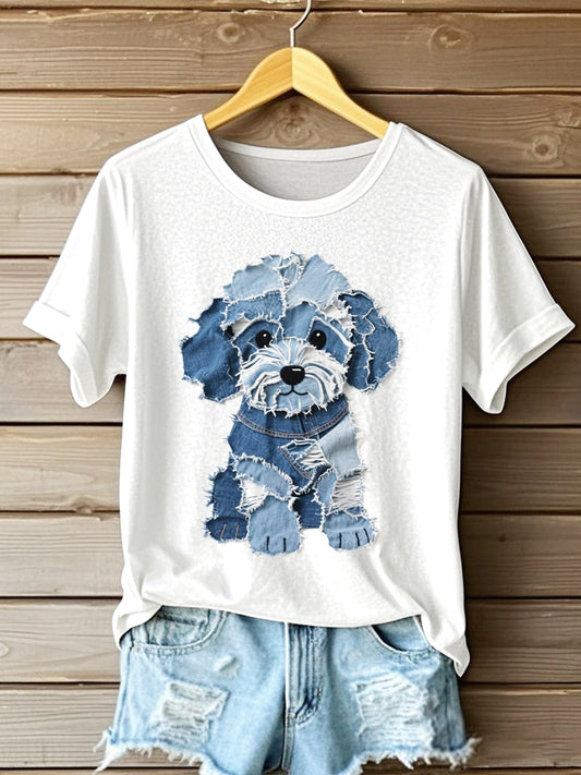 Camiseta linda del arte del remiendo del dril de algodón del perro de las mujeres