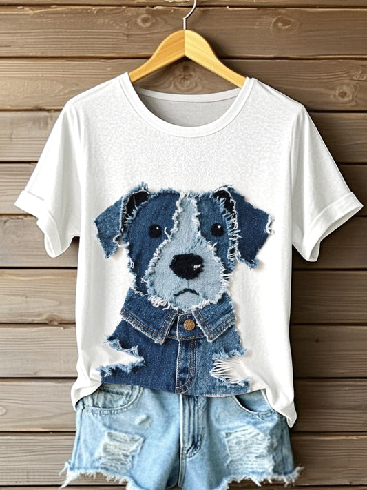 Camiseta linda del arte del remiendo del dril de algodón del perro de las mujeres