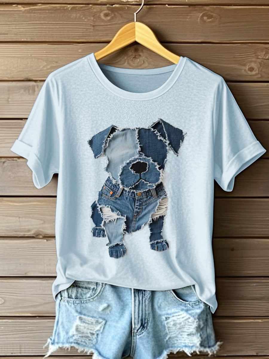 Camiseta del arte del remiendo del dril de algodón del patrón del perro de las mujeres