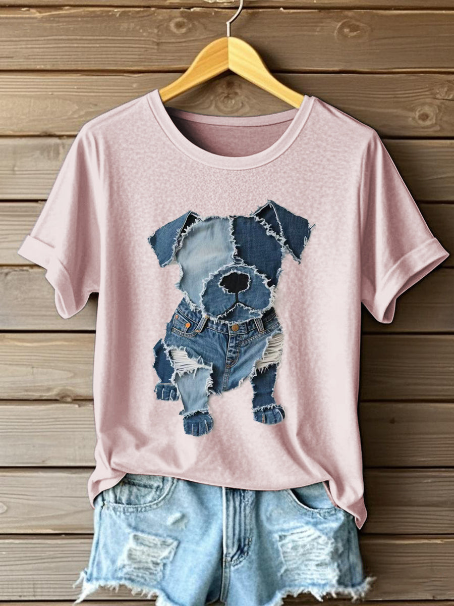 Camiseta del arte del remiendo del dril de algodón del patrón del perro de las mujeres
