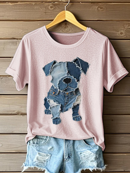 Camiseta del arte del remiendo del dril de algodón del patrón del perro de las mujeres