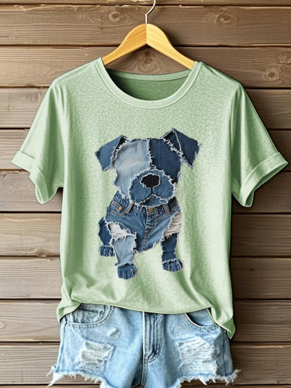 Camiseta del arte del remiendo del dril de algodón del patrón del perro de las mujeres