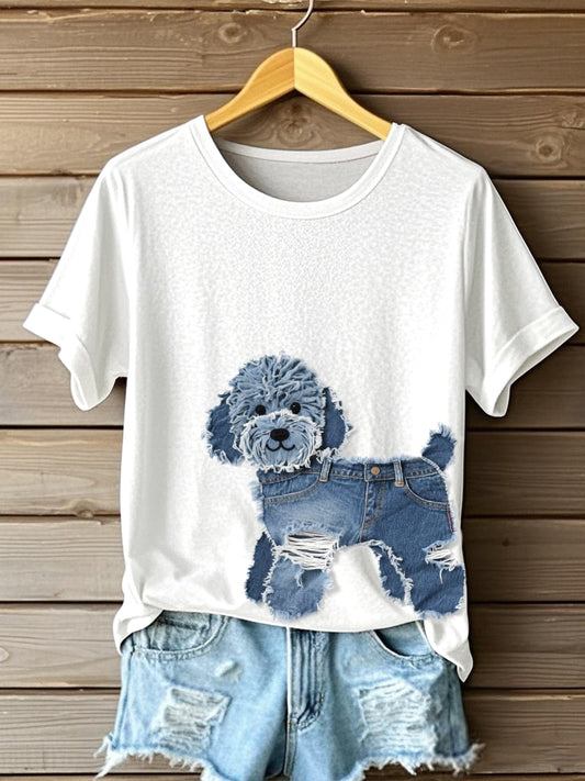 Camiseta linda del arte del remiendo del dril de algodón del perro de las mujeres