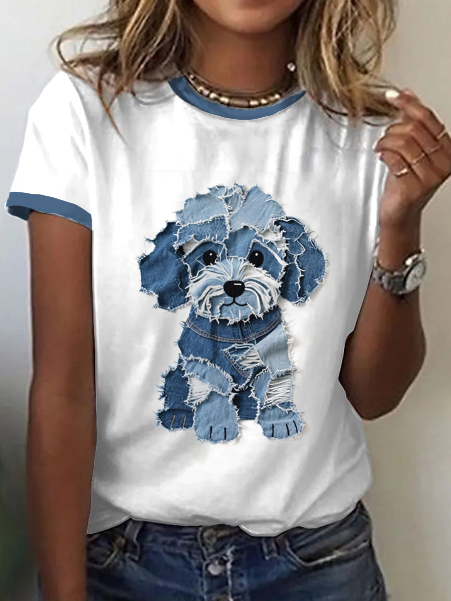 Camiseta linda del arte del remiendo del dril de algodón del perro de las mujeres
