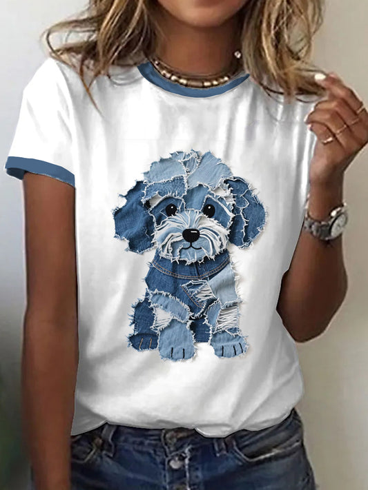 Camiseta linda del arte del remiendo del dril de algodón del perro de las mujeres