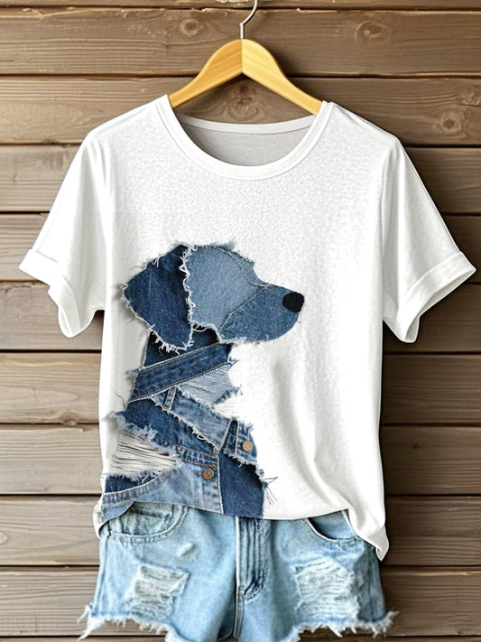 Camiseta linda del arte del remiendo del dril de algodón del perro de las mujeres