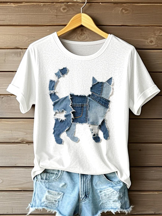 Camiseta linda del arte del remiendo del dril de algodón del gato de las mujeres
