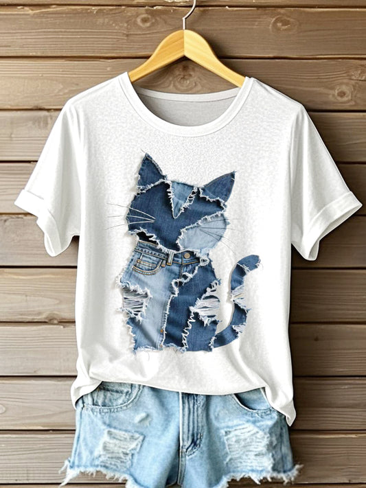 Camiseta del arte del remiendo del dril de algodón del patrón del gato de las mujeres