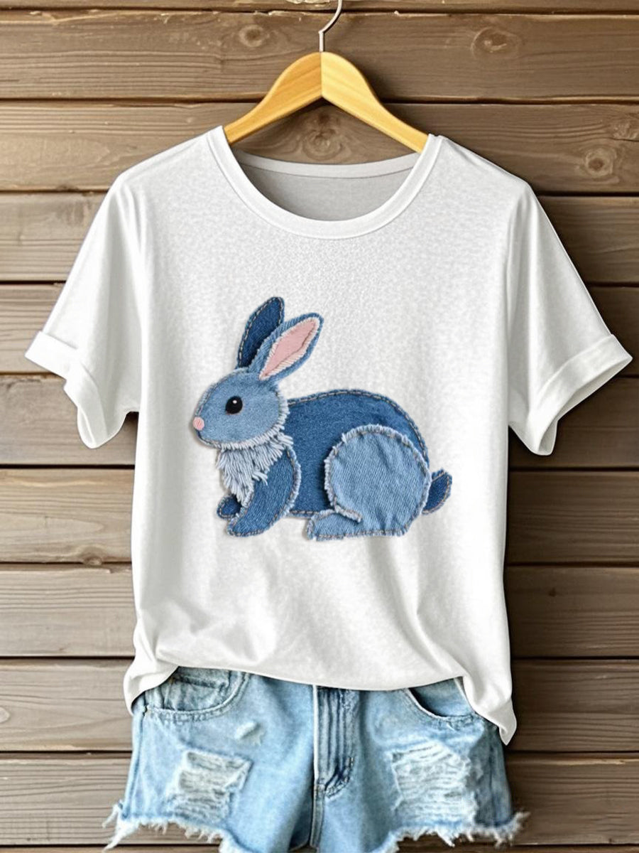 Camiseta linda del arte del remiendo del patrón del conejito de las mujeres