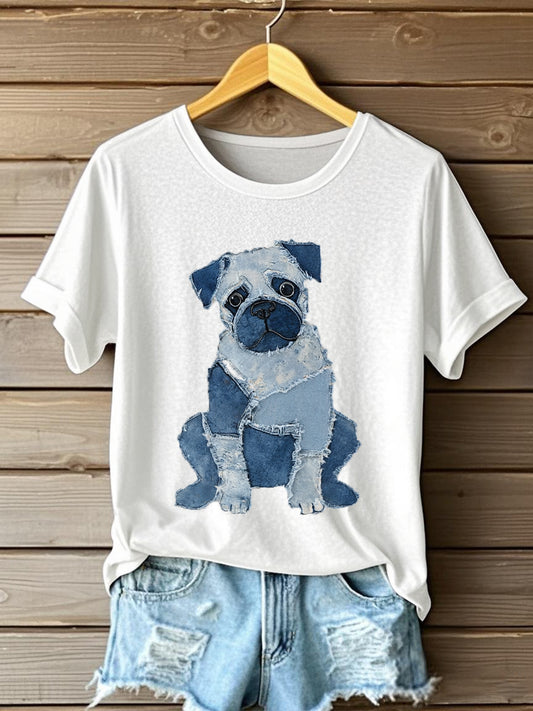 Camiseta de manga corta de arte de patchwork de perro lindo para mujer