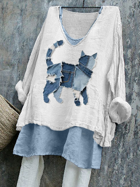 Camisa de lino del arte del remiendo del gato lindo de las mujeres