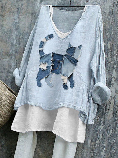 Camisa de lino del arte del remiendo del gato lindo de las mujeres