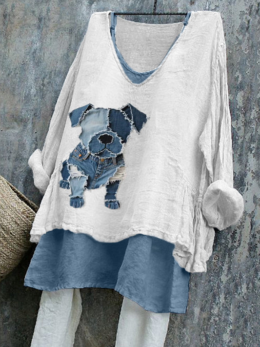 Camisa linda del lino del arte del remiendo del patrón del perro de las mujeres