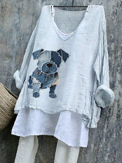 Camisa linda del lino del arte del remiendo del patrón del perro de las mujeres