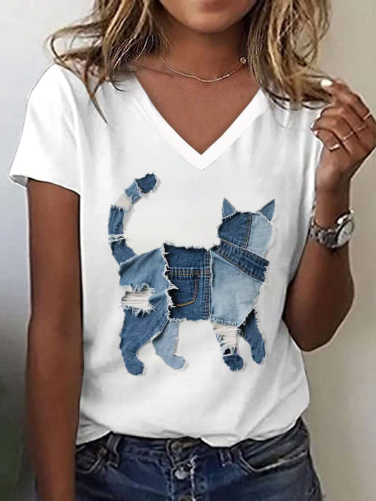 Camiseta con cuello en V lindo del arte del remiendo del patrón del gato de las mujeres