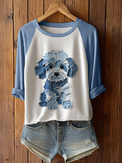 Manga larga linda del arte del remiendo del perro de las mujeres T-Shirto