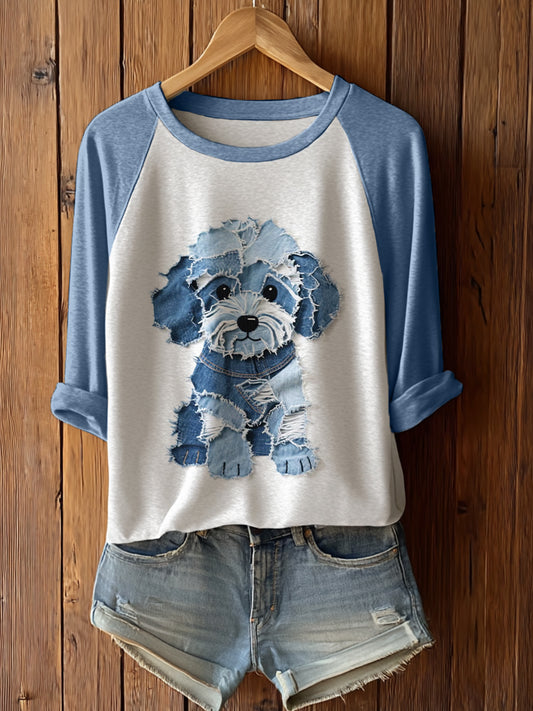 Manga larga linda del arte del remiendo del perro de las mujeres T-Shirto
