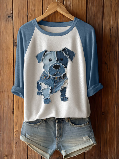 Camiseta linda de la manga larga del arte del remiendo del perro de las mujeres