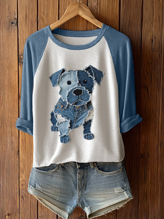 Camiseta linda de la manga larga del arte del remiendo del perro de las mujeres