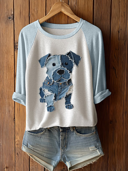 Camiseta linda de la manga larga del arte del remiendo del perro de las mujeres
