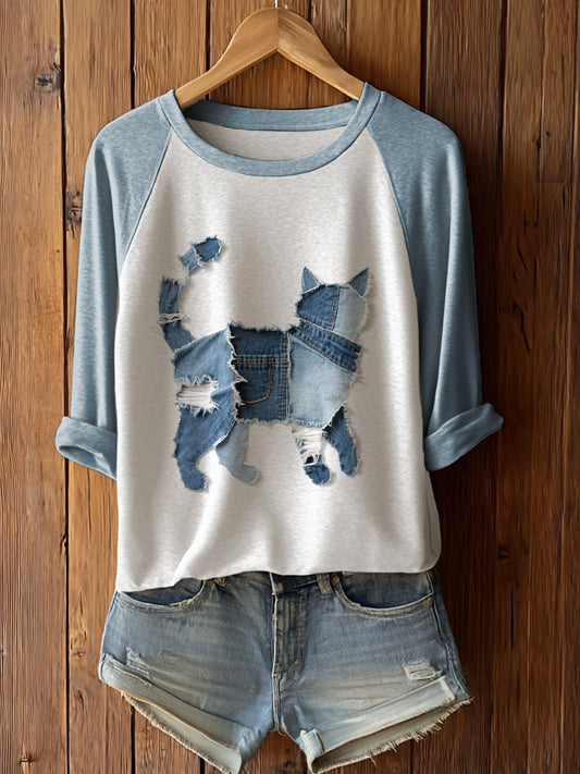 Camiseta de manga larga de arte de patchwork de gato lindo de las mujeres