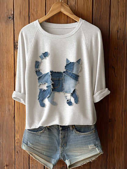 Camiseta de manga larga de arte de patchwork de gato lindo de las mujeres