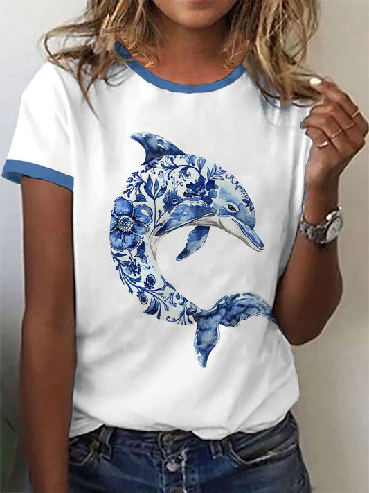 Camiseta casual con estampado de delfines florales para mujer