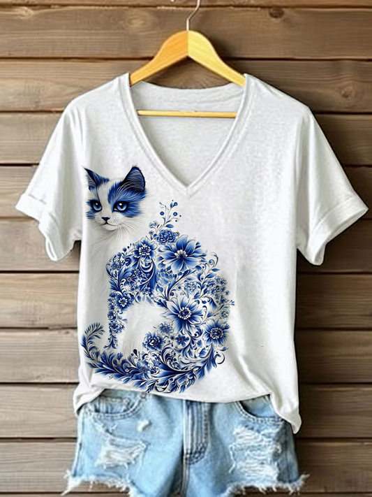 Camiseta casual con estampado floral de gato para mujer