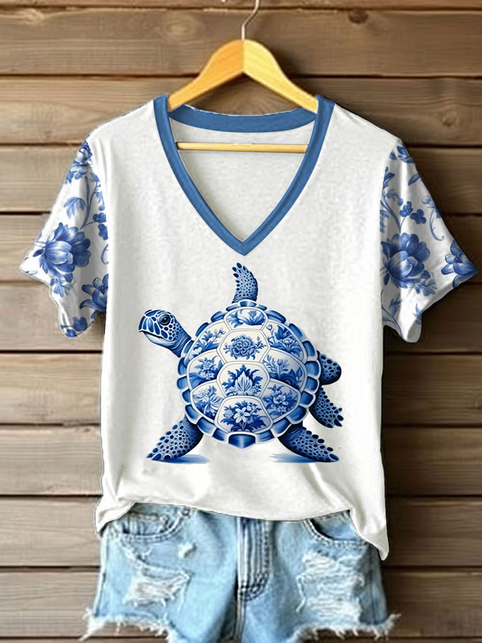 Camiseta casual con estampado floral de tortuga para mujer
