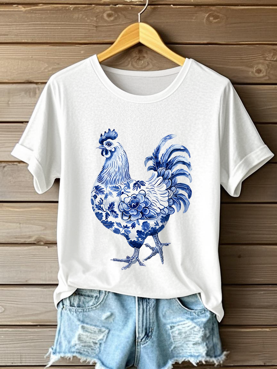 Camiseta casual con estampado floral de pollo para mujer