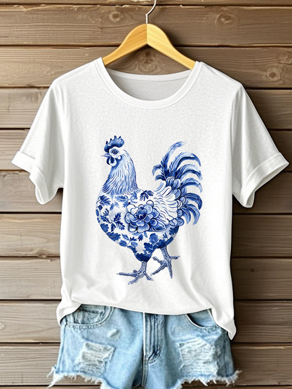Camiseta casual con estampado floral de pollo para mujer