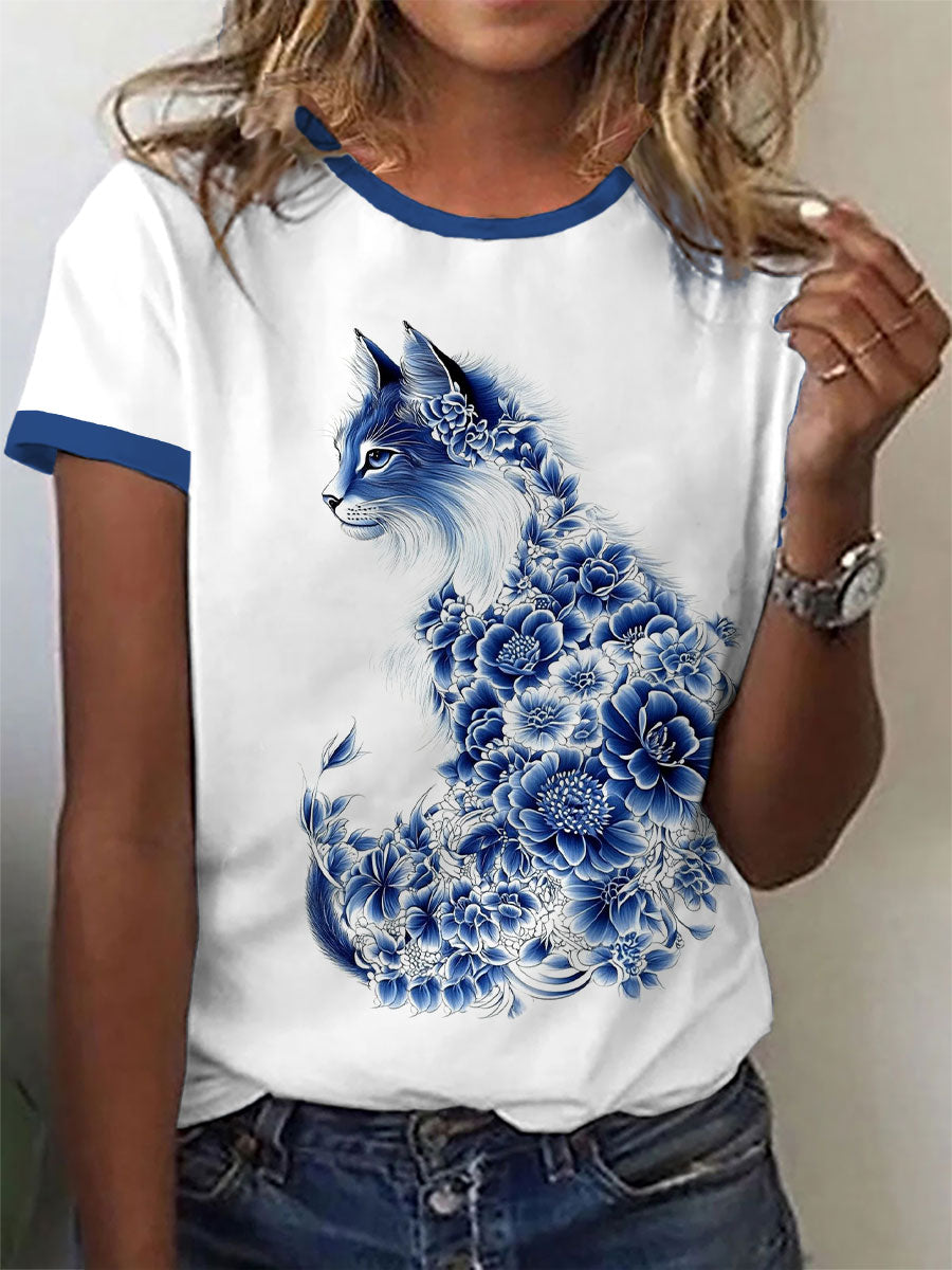 Camiseta casual con estampado floral de gato para mujer